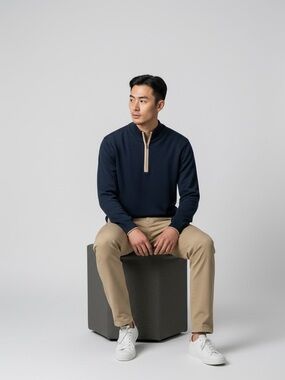 Rhone Mens Quarter Zip Sweater Large Navy Knit Pullover Cotton Blend Casual
